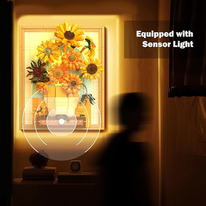 NUTCRACKER Sunflower Flower Building Set with Sensor Light, 3D Sunflower Van Gogh Painting Frame Wall Art Crafts for Home Office Decor, Easter Birthday Gift for Adult Girls 14+ (1166 Pieces)