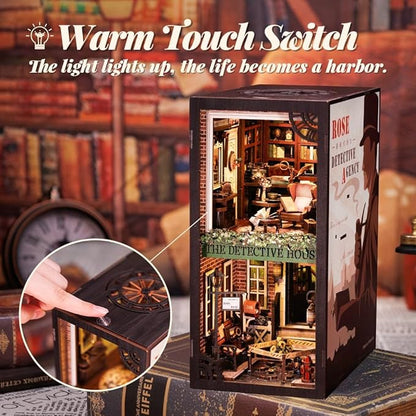 Fsolis Book Nook Kit, DIY Miniature Room House Kit 3D Wooden Puzzle for Adult Decorative Bookend Bookshelf Bookcase Nook Decor Gifts for Women Teens and Book Lovers(Rose Detective Agency)