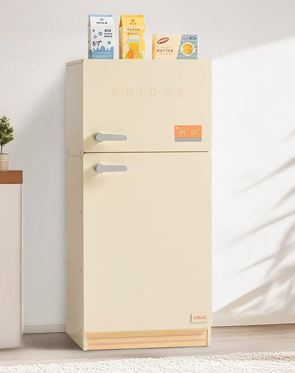ROBOTIME Play Kitchen Toy Fridge - Wooden Toy Refrigerator with Accessories, Pretend Play Kitchen Set for Kids & Toddlers, Freezer with Play Food for Ages 3+ (Creamy Rustic Style)