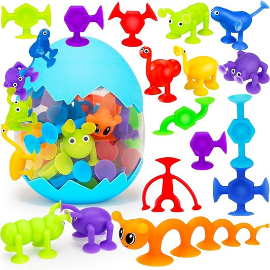 32 PCS Toddler Suction Cup Toys Kids Bath Toy 3-5 Halloween Party Favor Goody Prize Filler Stuffer Gift for 3 4 5 6 Year Old Boy Girl Travel Sensory Fidget Window Water Table Toy with Eggshell Storage