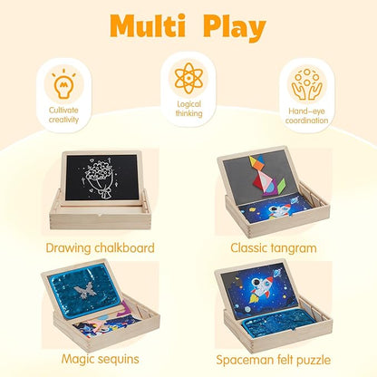 4-in-1 Wooden Sensory Toys with Storage Box, Activity Board for Children with Autism, Double Side Playing Board, Sensory Sequin Flip Panel, Educational Puzzles for Kids, Calm Down Corner