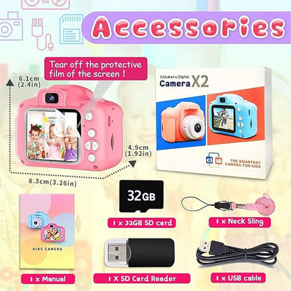 Upgrade Kids Selfie Camera, Christmas Birthday Gifts for Girls Age 3-9, HD Digital Video Cameras for Toddler, Portable Toy for 3 4 5 6 7 8 Year Old Girl with 32GB SD Card (Pink