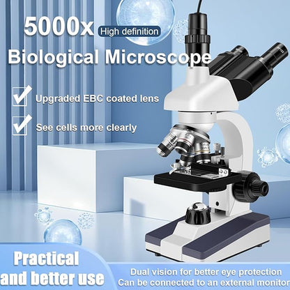 Trinocular Microscope 40X-5000X Magnification Microscope for Adults, Laboratory Grade with Dual Mechanical Stage and HD USB Camera