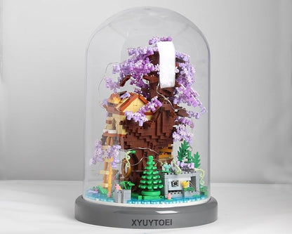 Cherry Blossom Bonsai Tree House DIY Building Flowers Set for Adults,2680PCS Challenging Mini Brick House Model Kit with LED Lights, Purple & Yellow Sakura Flowers, Includes Dust Cover for Display