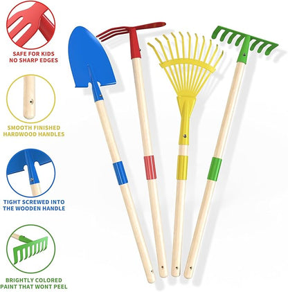 Kids Wheelbarrow Set with Gardening Tools Outdoor Backyard Garden Play for Toddlers Boys Girls 3-8, with Shovel, Rake, Leaf Rake, Easter Birthday Gifts (Green Garden Set)