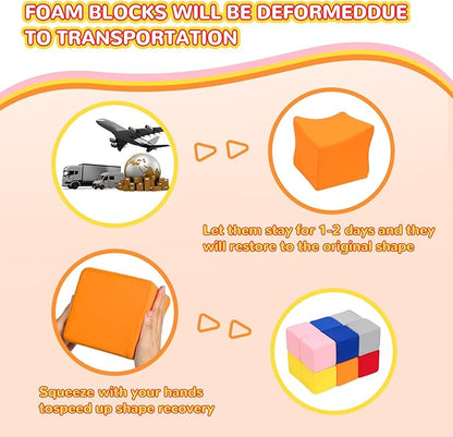 Foam Blocks for Toddlers, 12 Pieces Soft Building Blocks for Kids, Large Foam Cubes Colourful Stacking Block Sets - Throw & Play Toys with Washable Cover(Pink, Dark Blue, Yellow, Orange, Red, Gray)