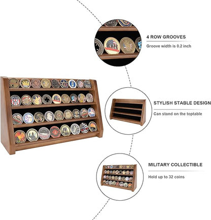 4 Rows Military Challenge Coin Holder Display Holds 32 Coins, Solid Wood Army Coin Rack Display Case Stand for Wall Mount or Tabletop, Walnut