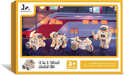 SainSmart Jr. 4-in-1 STEM Kits, Wooden Robot Assembly Toy Set, Woodworking Crafts Projects for Kids, Gift for Boys and Girls