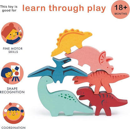 Mentari Toys - Happy Stacking Dinosaurs - 6pc Wooden Stacking Toy for Toddlers - Colorful Dinosaur Balancing Activity Toy with Bag - Boost Fine Motor Skills and Dexterity - Age 18m+