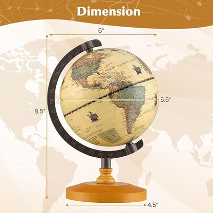 COSTWAY Antique Globe Dia 5.5-Inch, Mini Rotating World Globe w/Wooden Base, Modern Map & Vintage Color, For Kids & Adults' Geography Educational Learning, Desktop Decoration for Home Office School