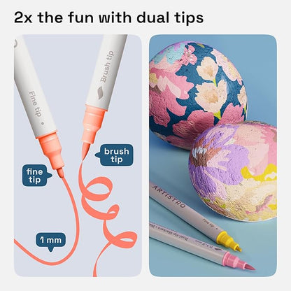 ARTISTRO 24 Pastel Dual Tip Brush + Fine Acrylic Paint Pens Ideal for Calligraphy - Paint Markers for Fabric, Rock, Glass, DIY - Stocking Stuffers, Christmas Gift Idea for Teens, Grandkids, Kids