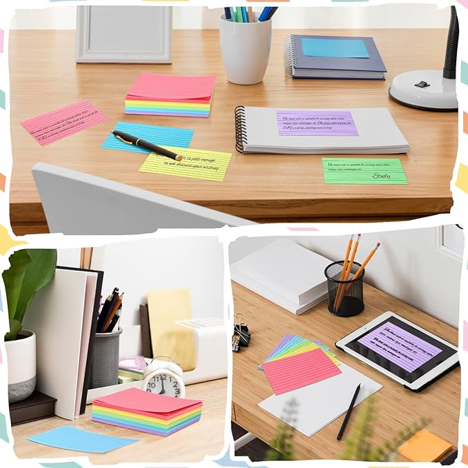 Tecmisse Colored Index Cards 4x6, 165 Pack, Ruled Note Cards, Flash Cards for Studying, Heavy Notecards for Office and School, One Side Lined, One Side Blank