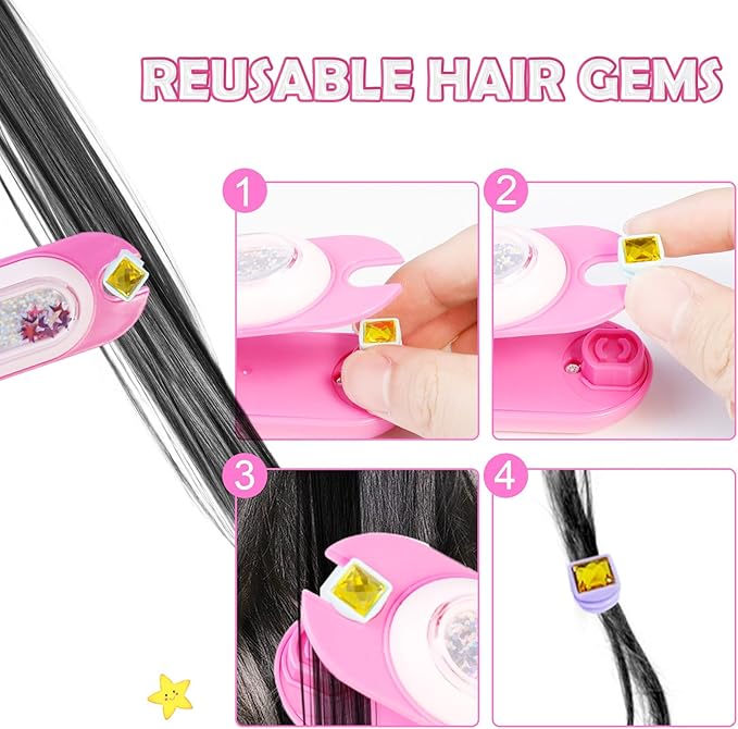 Kids Hair Gem Stamper Kit, Bling Hair Jewels for Girls Toys, Quick Gems Hair Jeweler, Hair Styling Tool with Reusable Shining Diamonds, Birthday Gifts Toys for Girls Ages 3 4 5 6 8-12