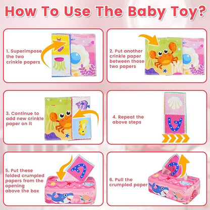 Aiduy Baby Tissue Box Toy - Baby Girl Toys Montessori Toys for Babies 6-12 Months - Soft Stuffed High Contrast Crinkle Infant Sensory Toy 6 7 8 9 10 11 12 Months Old Gifts Pink