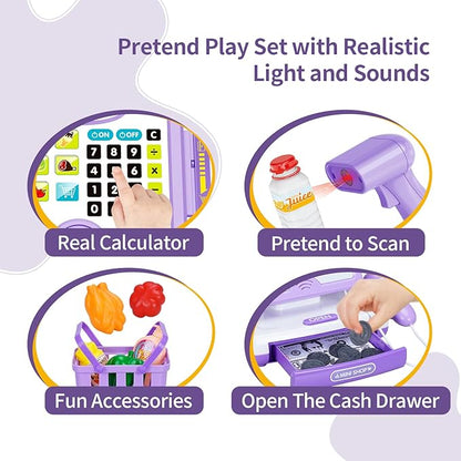 FS Pretend Play Cash Register Toy Preschool Gift for Kids, Classic Count Toy with Sound, Microphone, Scanner, Credit Card, Play Food for Boys & Girls, 57 Pieces Play Set, Ages 3 4 5 6 7, Purple