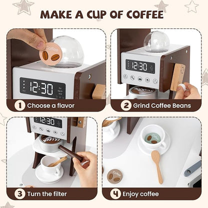 HONEY JOY Corner Play Kitchen, Toddler Wooden Toy Kitchen Set w/Lights, Coffee Maker, Microwave, Sink, Faucet, Little Chef Pretend Play Kids Kitchen Playset for Boys Girls (Coffee)