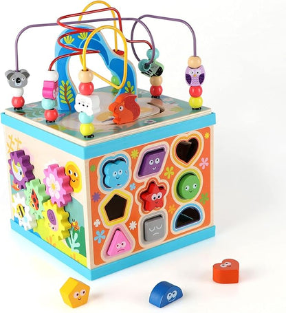 Qilay Wooden Activity Cube for Toddlers 1-3 (Large), 5 in 1 Multipurpose ABC-123 Abacus Bead Maze Shape Sorter | Early Educational Toy for Toddlers - First Birthday Present for Boys Girls