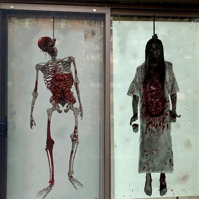 2 Sheets Halloween Window Clings Spooky Double-Sided Hang Bloody Female Ghost & Skeleton Designs Window Decals Decor for Halloween Home Office Party Glass Decoration Supplies