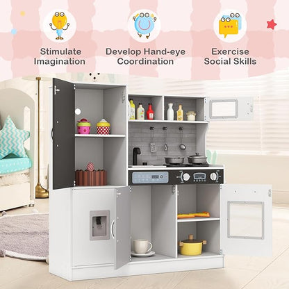 HONEY JOY Upgrade 39 in Kids Kitchen Playset, Large Wooden Little Chef Pretend Toy Kitchen Set w/Chalkboard, Telephone, Utensils, Oven, Microwave, Sink, Storage, Play Kitchen for Toddlers (White)