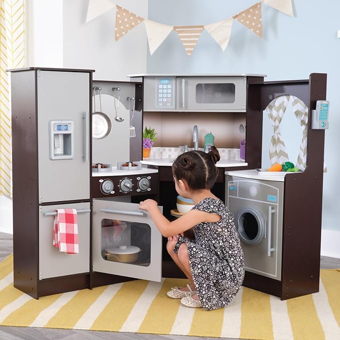 KidKraft Ultimate Corner Wooden Play Kitchen with Lights & Sounds, Play Phone and Curtains, Espresso, Gift for Ages 3+