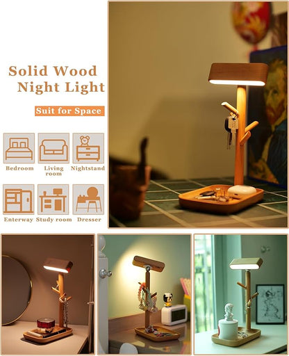 Wooden Table Lamp Tree Trunk Wood Column Rechargeable Led Desk Lamps Magnetic 360°Rotate Battery Powered Wall Night Lights for Bedside Living Edge Table (Beech)