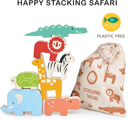Mentari Toys - Happy Stacking Safari - 7pc Wooden Stacking Toy for Toddlers - Colorful Safari Balancing Activity Toy with Bag - Boost Fine Motor Skills and Dexterity - Educational Toy - Age 18m+