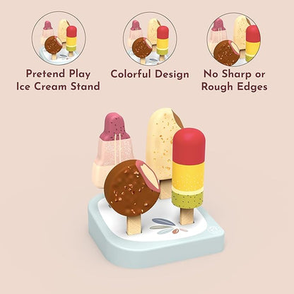 Speedy Monkey Wooden Ice Cream Bar Stand with 4 Treats – FSC Certified Popsicle & Gelato Pretend Play Dessert Counter for Kids, Sweet Food Role Play Toy for Toddlers, Boys & Girls, Ice Cream Cart Set