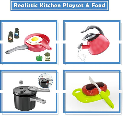 Bruvoalon 67Pcs Kids Play Kitchen Toys Set, Toddlers Pretend Cooking Playset Acccessories with Pots Pans, Utensils Cookware, Foods, Canned Veges, Learning Gift for Kids Girls Boys (Red)