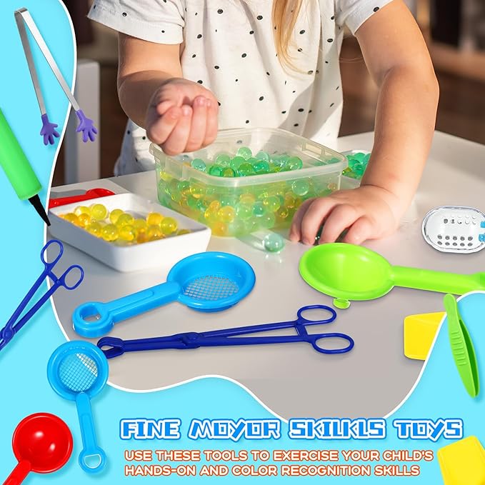 Wettarn 9 Pcs Sensory Bin Filler Fine Motor Skills Handy Scooper Set Sensory Bin Tools, Include 4 Scoops, 2 Tweezers, Scissors Clips, Plastic Forceps and Air Pump for Sorting Counting