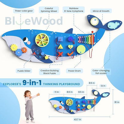 BlueWood Whale Wall Busy Board Panels, Toddler Learning Activity Center, Montessori Philosophy Sensory, Educational Toys, Conducive to All-Round Development