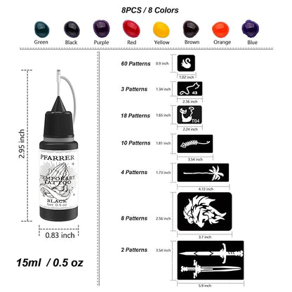 PFARRER Temporary Tattoo Kit 8 Bottles Color Temporary DIY Tattoo Ink,105 Pcs Stencils Kit for Body Paint Fake Tattoos for Kids&Women (Black,Red,Green,Blue,Yellow,Purple,Brown,Orange)