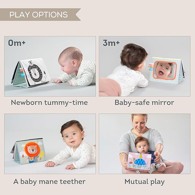 Taf Toys Savannah Infant Tummy-time Soft Crinkle Activity Book with Huge Baby Safe Mirror, 3D Activities, Textures and a Soft Baby Teether