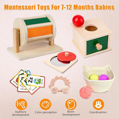 Montessori Educational Toys for Babies 7-12 Months, 7 in 1 Early Learning Educational Kit for Toddlers Gifts, Includes Spinning Drum, Permanent Box, Red Mirror Knob Puzzle, Hedgehog Rattle and More