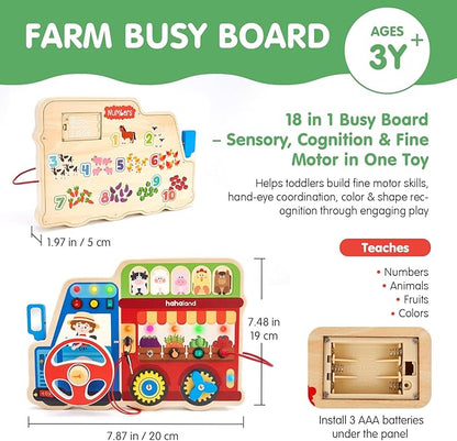 hahaland Montessori Busy Board for Toddlers 3-5, 18-in-1 Wooden Sensory Activity Board with LED Lights & Switches, Educational Montessori Toy for Fine Motor Skills, Travel & Birthday