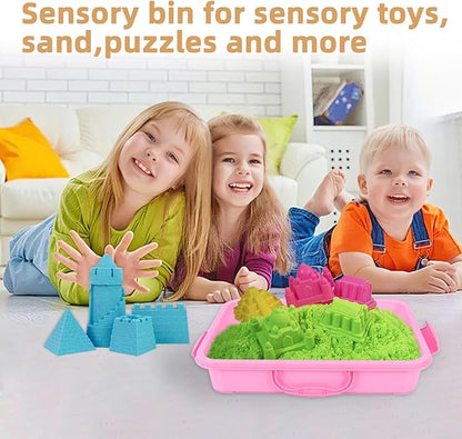 3 Pcs Plastic Sensory Bins-Portable Sandbox Container with Handle & Clear Lid-Stackable Play Tray for Kids Storage Sand,Toys & Crafts-Organizing Container for Home,Office and More(Green+Blue+Pink)
