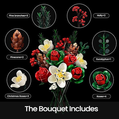 iATOM Christmas Rose Bouquet Building Set, Artificial Flowers Botanical Collection for Adults - Gift for Christmas & Valentines Day - Home Office Table Centerpiece Decor - 11012