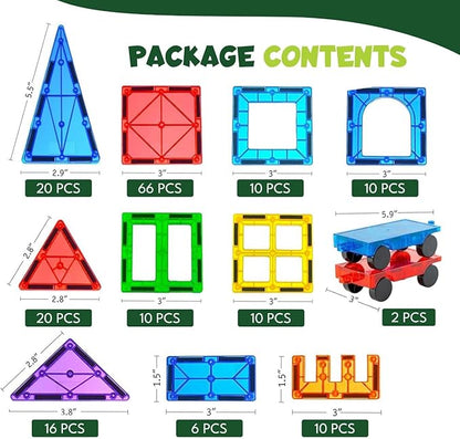 Magnetic Tiles 180 PCS with 2 Cars - STEM Building Blocks for Kids,Safe Magnatiles for 3+ Preschool Toddlers, Educational Gift for Boys & Girls