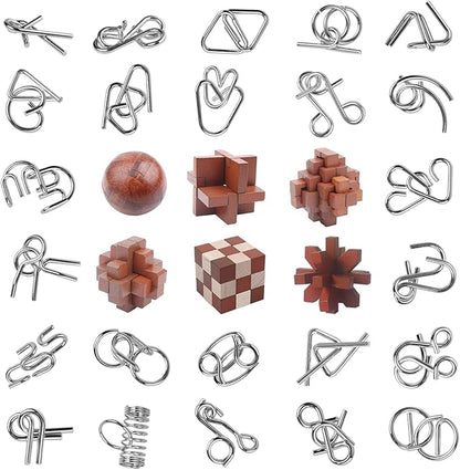 30pcs Brain Teaser Puzzles Game for Adults and Kids Ancient Wooden and Metal Puzzles 3D Educational Toys IQ Logic Train Family Games Party Favor Coffee Time Unlock Interlock Puzzles Box