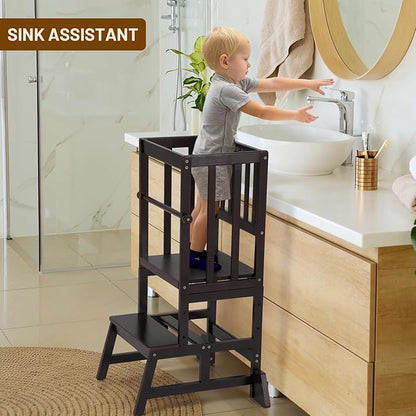 COSYLAND Toddler Standing Tower - Adjustable Height Toddler Kitchen Stool Helper - Kids Kitchen Step Stool for Learning with Removable Safety Railing Black Walnut Color