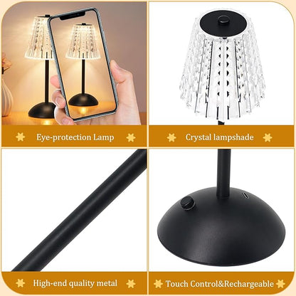 Cordless Touch Table Lamp, 3500mAh Rechargeable Small Dask Lamp, 3 Colors Dimmable Battery Operated Crysta Lamp for Bedroom Restaurant Kitchen Home Decor, Black, 2pcs
