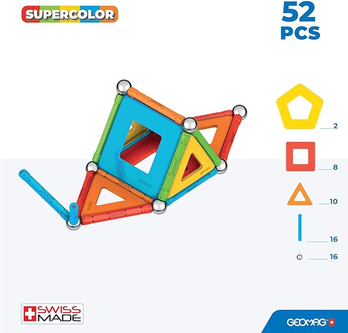 Geomag Magnetic Toys | Magnets for Kids | STEM-endorsed Educational Building Set | 100% Recycled Plastic Supercolor Panels | Storage Box | 52-Pieces | Age 5+
