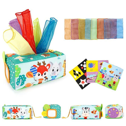 TYRY.HU Baby Gift Set,Montessori Learning Toys Set- Silicone Sensory Toys,Baby Teether Ball with Rattle,Soft Baby Book with Teether Ring & Crinkle Paper,Baby Tissue Box Toy,Milestone Cards,5 PCS