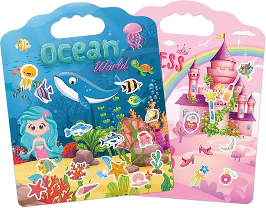2 Set Reusable Sticker Books for Toddlers 2-4 Years, Puffy Reusable Sticker Activity Book for Kids Toddlers 1-3 Girls Boys Birthday Gifts Include Princess&Ocean