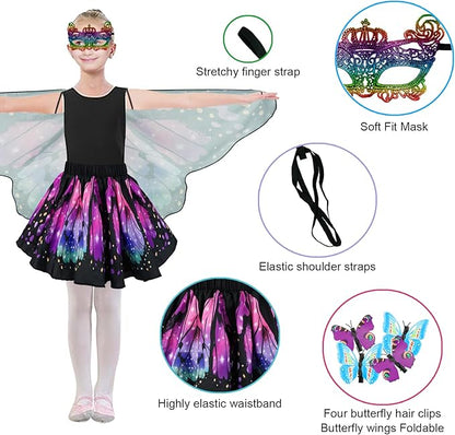 Butterfly Costume for Girls Fairy Wings Kids 4 Pcs(Cape,Skirts,Masks,Hair Clips) Butterfly Wings for Halloween Gifts