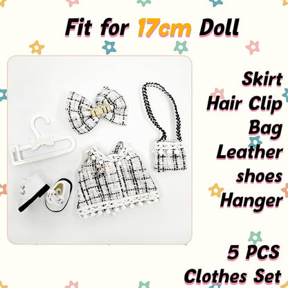 17cm Doll Clothes and Shoes Set, Cute Girls Outfits and Leather Shoes, 5 PCS White Chic Dress Stylish Outfits Exquisite Accessories