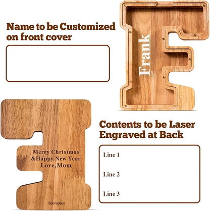 Summidate Customized Name Large Wooden Piggy Bank for Kids Boys Girls Alphabets Letter A-Z Coins Bills Money Change Bank Box Initial on Clear Cover (Laser Engraved) (Alphabet-F, Personalized-9")
