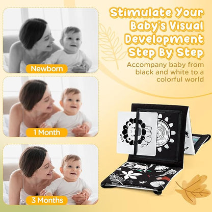 URMYWO Tummy Time Mirror Toys, High Contrast Black and White Baby Toys for Newborn, Baby Boy Girl Gifts, Visual Stimulation Learning Activity Cards, Soft Baby Book, Montessori Infant Toys 0-12 Months