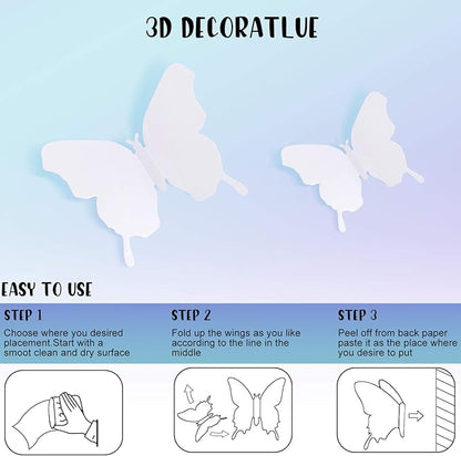 BBTO 48 Pieces Butterfly Wall Decor DIY Mirror 3D Butterfly Stickers Removable Decals for Home Bedroom School Bathroom Living Room Decor(White)