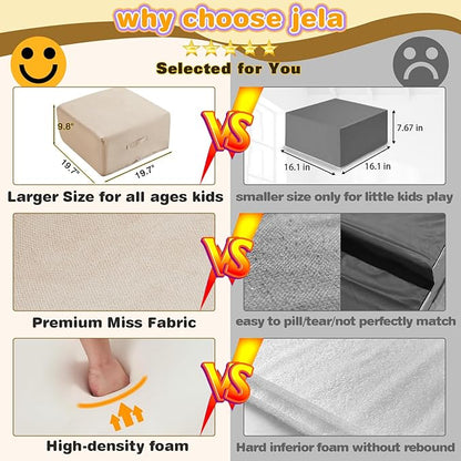 jela Kids Foam Climbing Blocks 6Pcs Soft Play Equipment Luxury Miss Fabric Toddler Climbing Toys Indoor, Lightweight Climbing Blocks for Babies, Kids, Climb and Crawl Foam Playset (Sand Beige)
