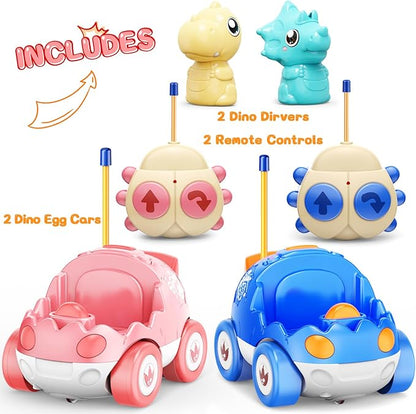 2 Pack Pink Dinosaur Remote Control Car Toys, Christmas Birthday Gifts for Girls 2 3 4 5 Years Old, Dino RC Car with Music and Light, Toddlers Toys for Kids 2-5 Year Old,(Pink Blue)